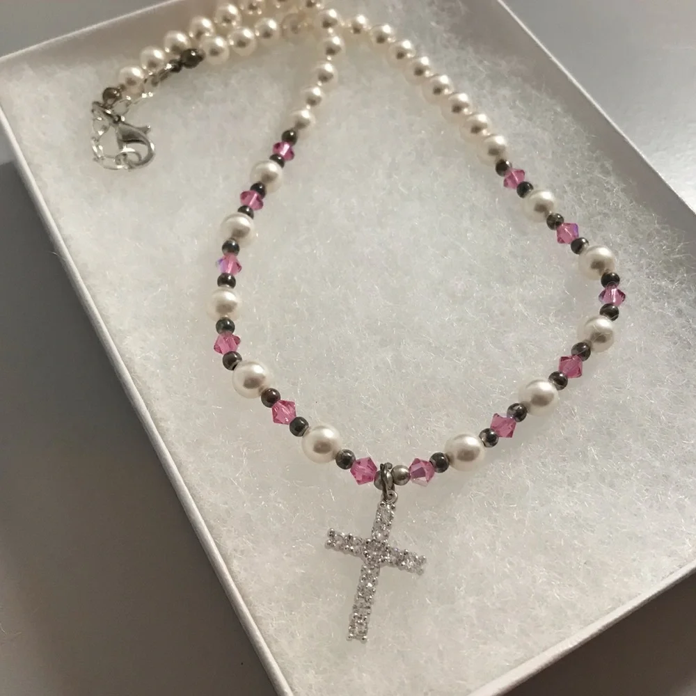 First Communion / Flower Girl Rhinestone Pearl Cross Pendant Necklace